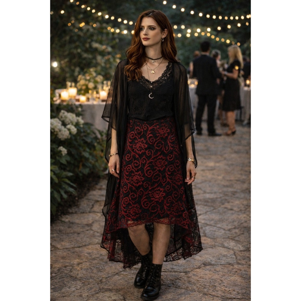 Whimsigoth Valentine Vamp Fairy Shimmer Black Red Floral‎ Lace Petite S Skirt